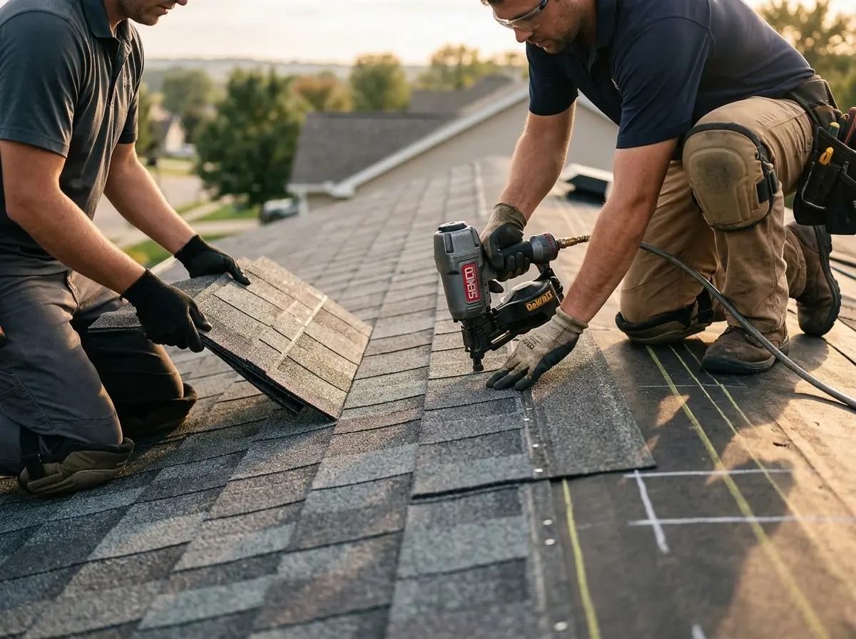 Professional roofer working on a residential roof in Marquette